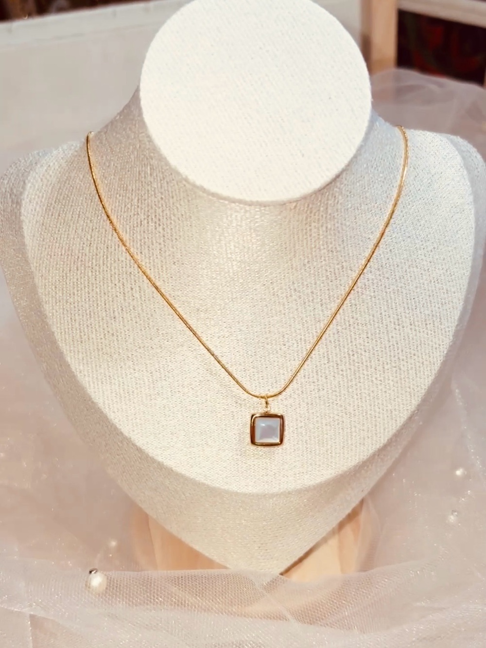 Gold Square Pendant Necklace with White Stone